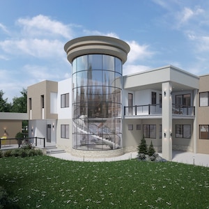 Op de afbeelding: Een modern huis met twee verdiepingen en een grote ronde glazen toren. Het huis heeft een beige buitenkant met witte afwerking en een plat dak. De toren heeft een wenteltrap binnenin en is omgeven door bomen en gras.