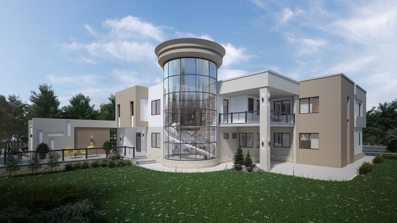 Op de afbeelding: Een modern huis met twee verdiepingen en een grote ronde glazen toren. Het huis heeft een beige buitenkant met witte afwerking en een plat dak. De toren heeft een wenteltrap binnenin en is omgeven door bomen en gras.