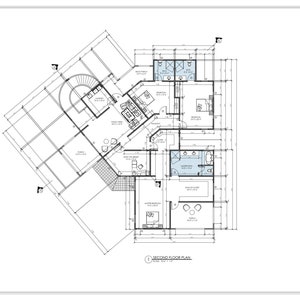 May include: A blueprint of a second floor plan for a house. The plan shows a kitchen, living room, bedrooms, and bathrooms. The plan is drawn to scale and includes dimensions.