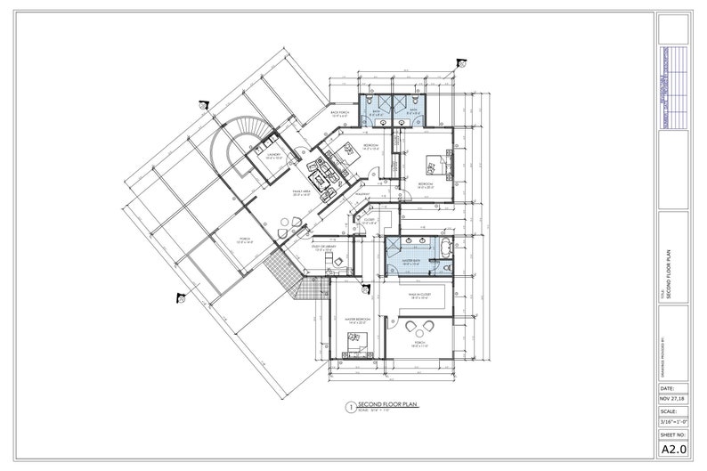 May include: A blueprint of a second floor plan for a house. The plan shows a kitchen, living room, bedrooms, and bathrooms. The plan is drawn to scale and includes dimensions.