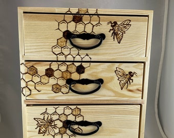 Honeybee Honeycomb 4 Drawer Chest | Wood Burn Art/Pyrography | Trinket Box | Jewelry Keepsake Storage | Honey Bumble Bee Bumblebee Hexagon