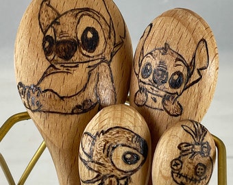 Stitch & Crump Wood Burned Measuring Spoon Set | Pyrography/Wood Burned Art | Unique Kitchen Gift | Lilo and Stitch