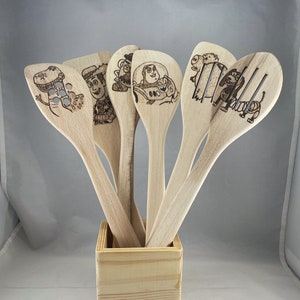 Toy Story Wood Burned Beech Utensil Set of 6, Pyrography Wood Burning Art, Unique Kitchen Gift Gadget Tool, Woody Buzz Hamm Rex Slinky Dog