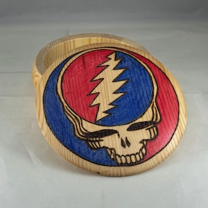 Grateful Dead Skull Lightning Bolt Wood Burned Trinket Box, Wood Burning Art Pyrography, Round w Detached Lid, Stealie Retro Vintage Music