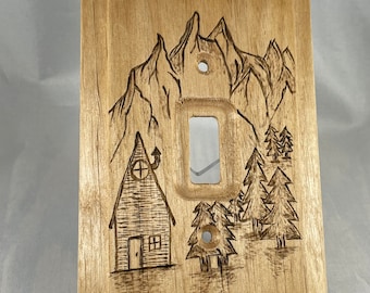 Cabin Mountains Camping Light Switch Plate Cover | 1T/Single or 2T/Double Light Switch | Wood Burn Art Pyrography | Electrical Outlet Decor