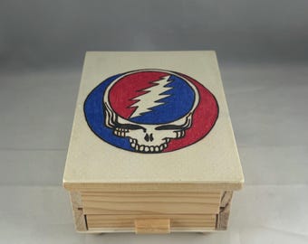 Grateful Dead Stealie Wood Burned Jewelry Box, Pyrography Trinket Storage, Mirror and Drawer