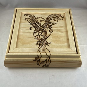 Phoenix Rising Wood Burned Jewelry Box- Lid and Fold Out Mirror | Pyrography | Storage Organize | Rebirth Prosperity Luck Positive Energy