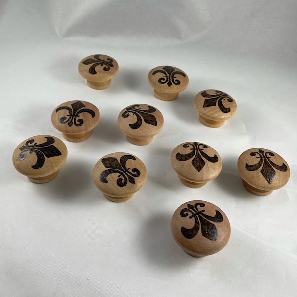 Fleur de Lis Wood Burned Drawer Pull Knobs Set of 10 | Wood Burn Art/Pyrography | Home Desk Office | Fleurdelis | Cabinet Handle