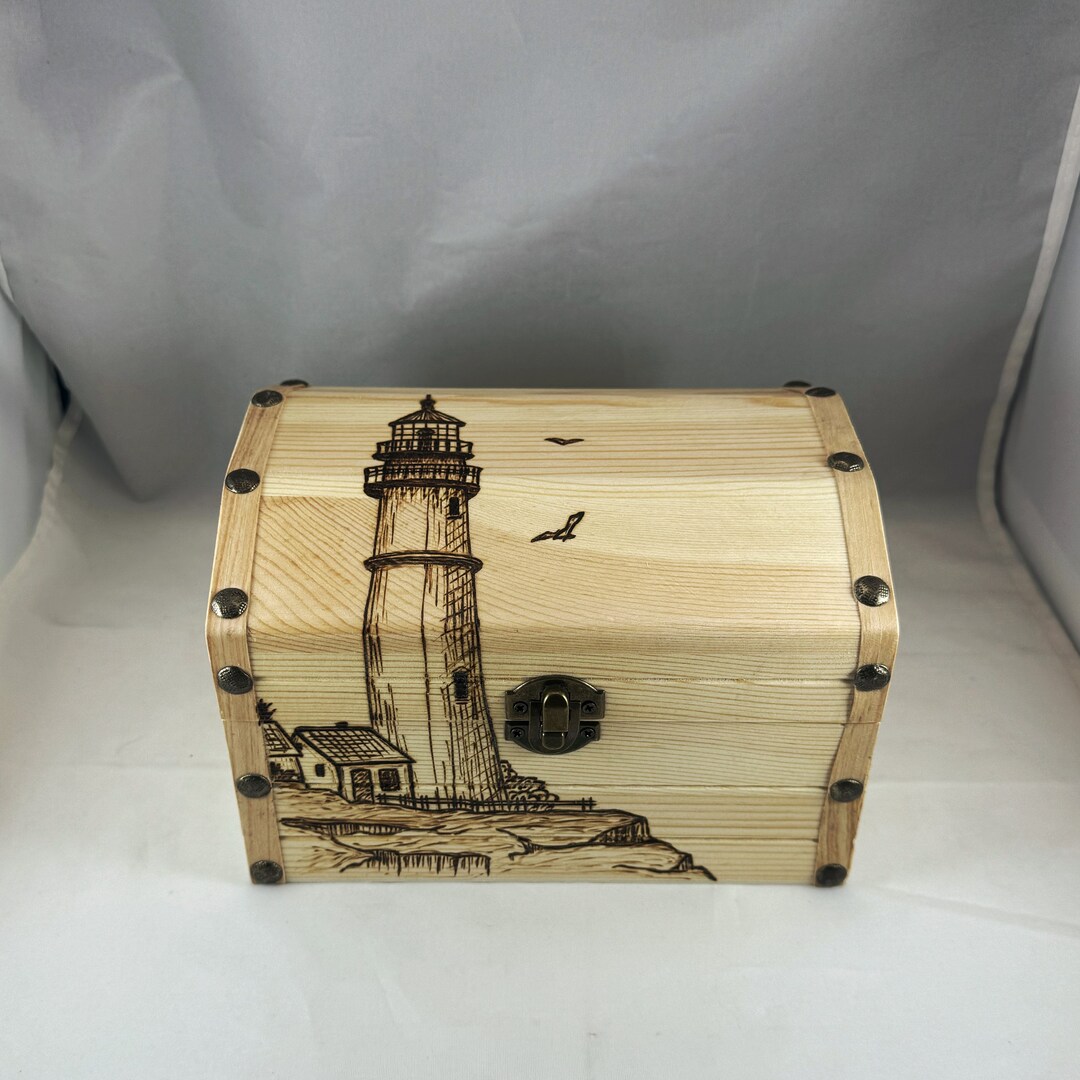 Lighthouse on Rocky Shoreline Wood Burned Chest, Pyrography Home ...