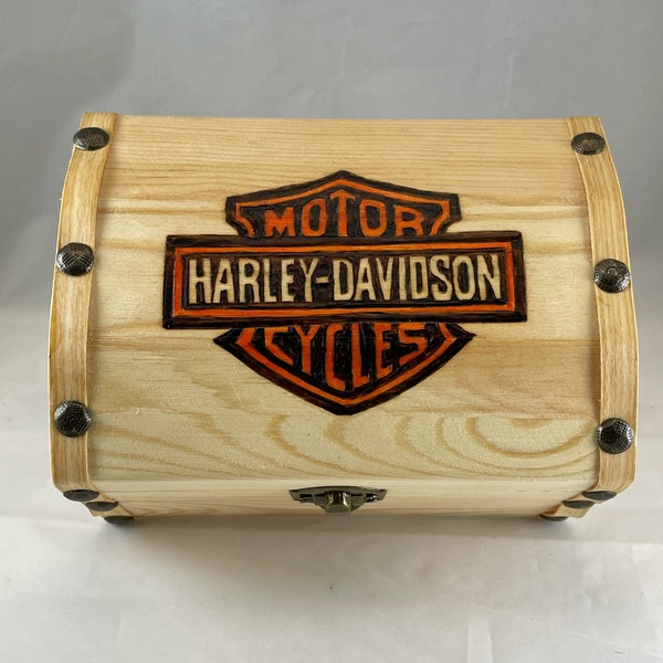 Harley Davidson Motorcycles Wood Burned Treasure Chest | Wood Burn Art/Pyrography | Trinket Box | Jewelry or Keepsake Storage