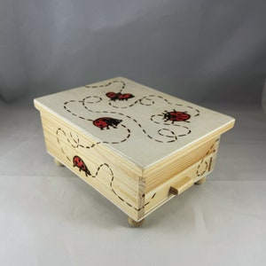 Ladybugs Flying Wood Burned Jewelry Box | Pyrography/Woodburning |  Storage Drawer & Mirror | Organize Display | Lady Bug Bugs Miraculous