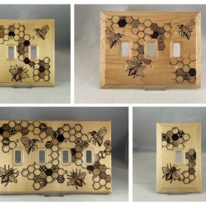 Honeybee Honeycomb Switch Light Switch Plate Cover, Wood Burn Art Pyrography, Electrical Outlet Decor, Choose Toggle Count Style, Bumblebee
