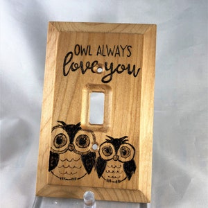 May include: A wooden light switch cover with two owls and the text "Owl Always Love You".