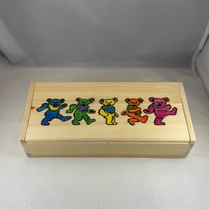 Dancing Bears Grateful Dead Wood Burned Box, Wood Burning Art Pyrography, Pencil Box with Magnet,  Jewelry Treasure Keepsake Storage
