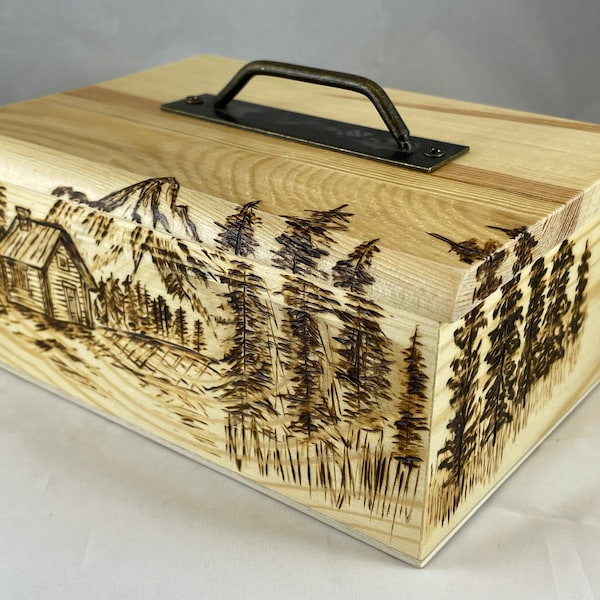 Cabin, Mountains, Pine Tree Forest Wood Burned Trinket Box | Wood Burn Art/Pyrography | Jewelry Keepsake Storage | Detachable Lid w/ Handle