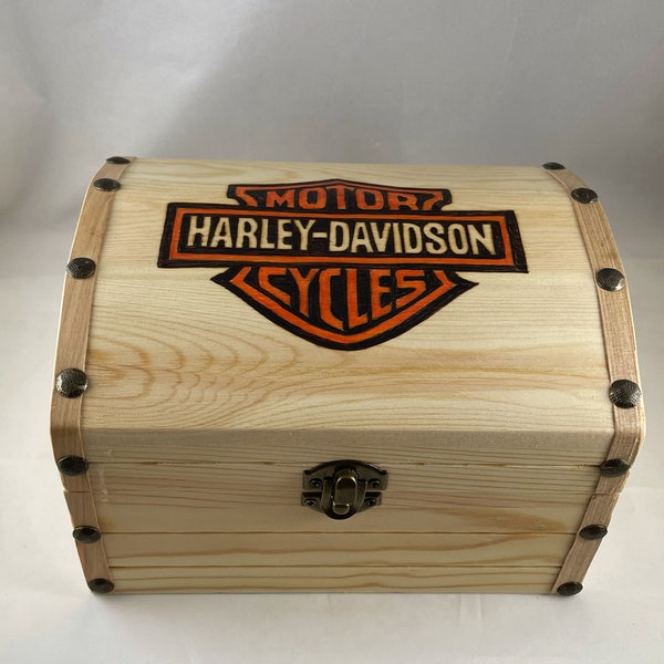 Harley Davidson Motorcycles Wood Burned Treasure Chest | Wood Burn Art/Pyrography | Trinket Box | Jewelry or Keepsake Storage | Biker Rider