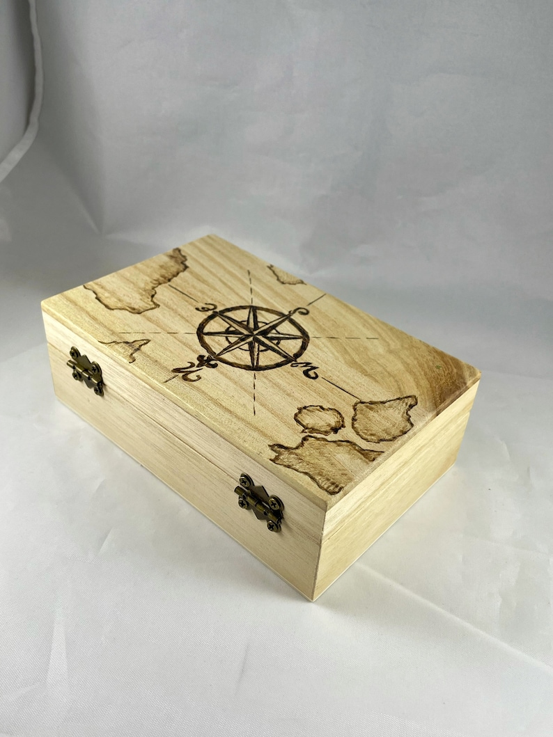 Compass & Map Wood Burn Trinket Box Wood Burn Art/Pyrography | Etsy