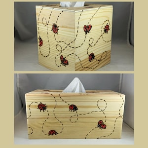 Ladybugs Flying Wood Burned Tissue Box Holder, Pyrography Home Decor