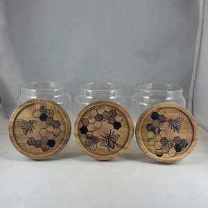 Honeybee Honeycomb Hexagons Wood Burned Glass Storage Jar, Pyrography Kitchen Gadget Tool