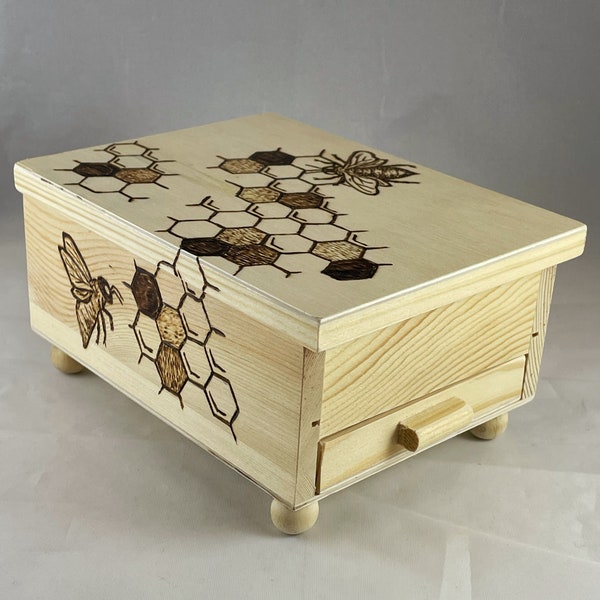 Honeybee Honeycomb Wood Burned Jewelry Box | Pyrography | Jewelry Storage Organize Honey Bumble Bee Bumblebee Hexagon