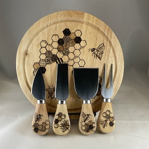 Honeybee Honeycomb Wood Burned Cheese Board & Knife Set, Pyrography Wood Burning Art, Kitchen Gift Gadget Tool Accessory, Bumblebee Bee