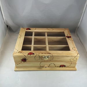 Ladybugs Flying Wood Burned Jewelry Box | Pyrography/Woodburning | Clear Top, Many Compartments, Storage Drawer | Lady Bug Bugs Miraculous