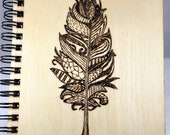 Feather Mandala Wood Burn Art Hardcover Notebook Travel size A6 Unlined Refillable Pyrography Small Journal Sketchpad