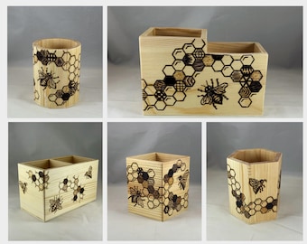 Honeybee Honeycomb Hexagons Wood Burned Pen Holder, Wood Burn Art Pyrography, Desk Office Home Organization, Writing Utensil Pencil Marker