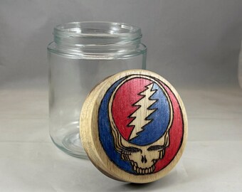 Grateful Dead Wood Burned Glass Storage Jar, Pyrography, Kitchen Storage Airtight Container Stealie Steal Your Face