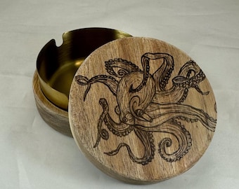 Kraken Wood Burned Ashtray with Lid, Pyrography, Octopus Giant Squid