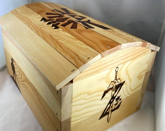 Baúl de madera pirograbado de la Leyenda de Zelda, pirograbado artístico, caja de almacenamiento, organizador de joyas o recuerdos, estilo retro vintage para jugadores.