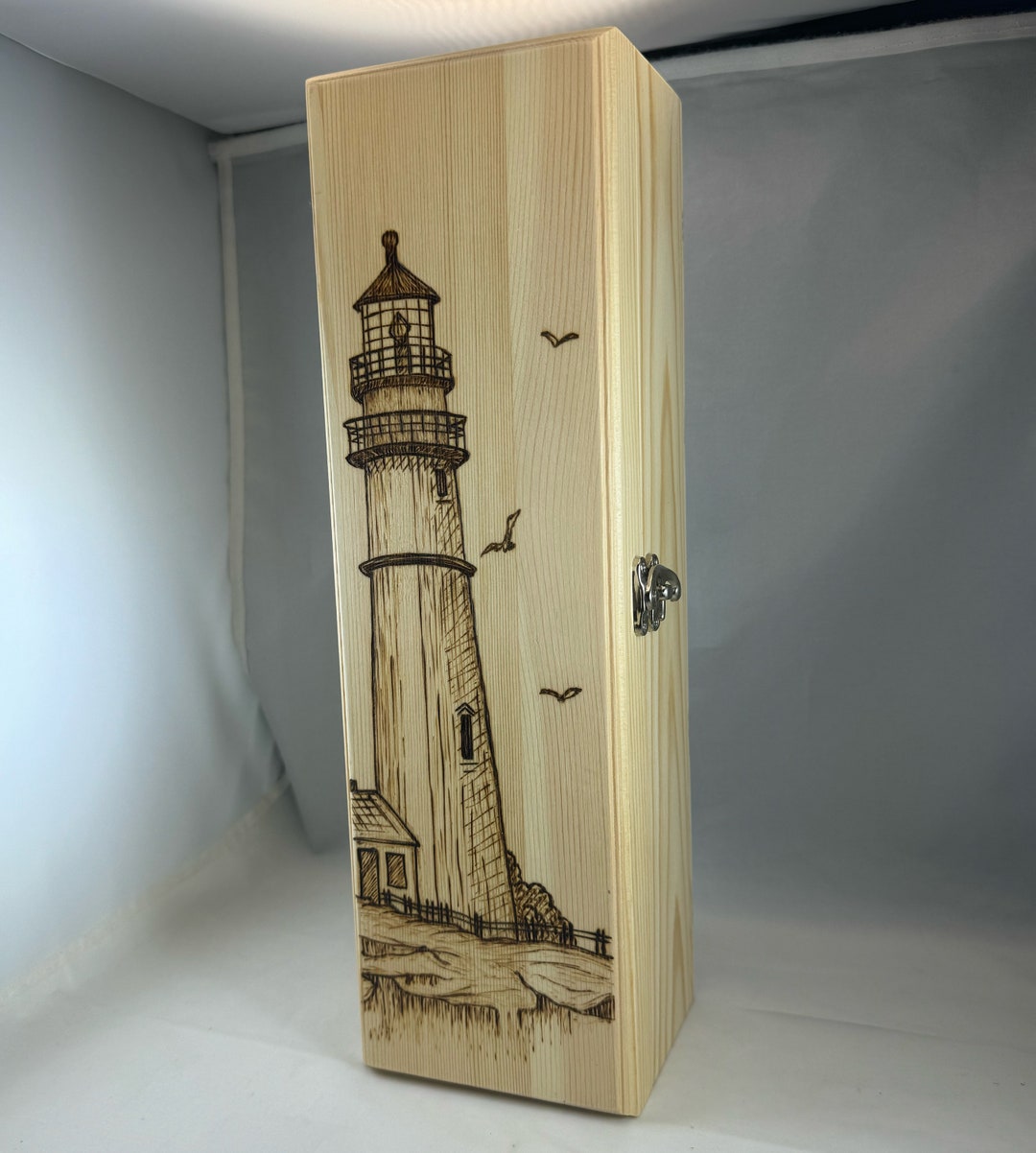 Lighthouse on a Rocky Shoreline Wood Burned Wine Box, Pyrography Home ...