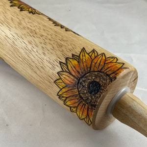 Sunflowers Wood Burned Rolling Pin, Pyrography Wood Burning Art, Unique Kitchen Gift Gadget Tool Device, Flowers Sun Flower, Baker Baking