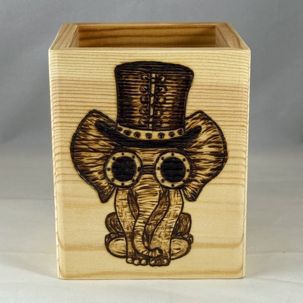 Steampunk Elephant w Top Hat Wood Burned Holder| Pyrography Desk Home Office | Make Up Brush Pencil Utensil Penholder Storage | Steam Punk