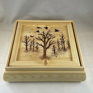 Birds Flying over Autumn Forest Wood Burned Jewelry Box- Lid and Fold Out Mirror | Pyrography | Storage Organize | Raven Crow Fall