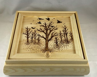 Birds Flying over Autumn Forest Wood Burned Jewelry Box, Pyrography Trinket Storage, Fold Out Mirror