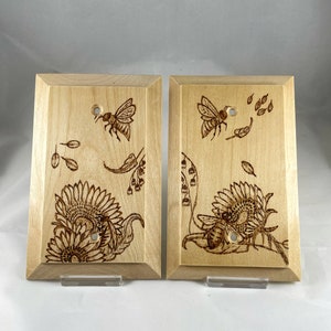 Honeybee and Flowers  Electrical Plate Cover | Wood Burn Art | Pyrography | Blank Cover for Unused Outlets | Vintage Honey Bee Design