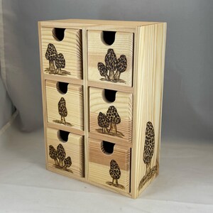 May include: A light-colored wooden storage unit featuring six drawers arranged in two vertical columns. Each drawer front and the side of the unit are decorated with dark, wood-burned illustrations of morel mushrooms with textured caps.