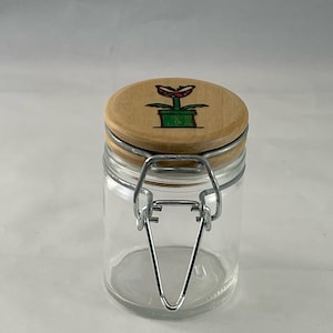 Piranha Plant Glass Jar with Wood Burned Airtight Lid | Pyrography/Wood Burn Art | Air tight Container with Lid