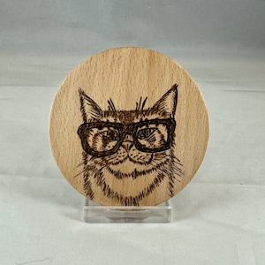 Espejo de viaje pirograbado con diseño de gato hipster con gafas, espejo de maquillaje de bolsillo, redondo y pequeño.
