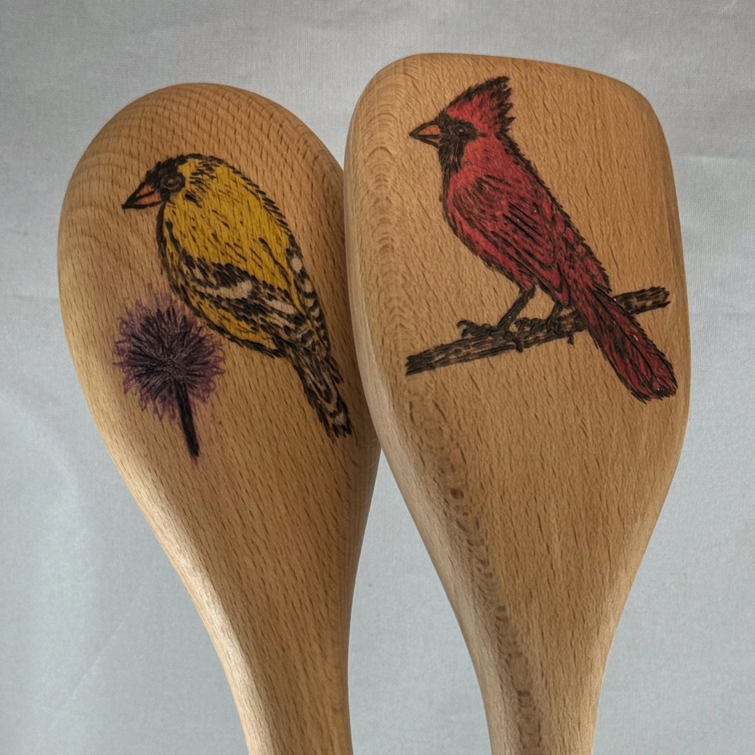 Cardinal or Goldfinch Wood Burned Kitchen Utensil, Pyrography Kitchen ...