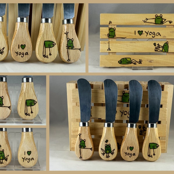 I Love Yoga Frog Wood Burned Cheese Knives Set of 4 w/ Mini Pallet Trivet | Pyrography/Wood Burn Art | Unique Kitchen Decor Gadget | Heart