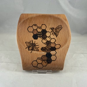 Honeybee Honeycomb Hexagons Wood Burned Spoon Rest, Pyrography Wood Burning Art, Kitchen Gadget Tool Accessory Holder Bumblebee Honey Bumble