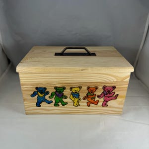 Dancing Bears Grateful Dead Wood Burned Trinket Box, Pyrography Wood Burning Art, Detached Lid w Handle, Wooden Chest Trunk, Grateful Dead