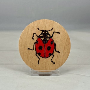 Espejo de viaje pirograbado en madera de mariquita / Pirograbado / Arte pirograbado / Espejo de maquillaje de bolsillo, bolso o cartera, pequeño y redondo / Lady Bug Bugs Miraculous