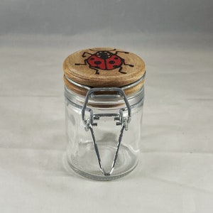 Puede incluir: Un tarro de vidrio transparente con una tapa de madera que presenta un diseño de mariquita pintado a mano. El tarro tiene un cierre de broche metálico.
