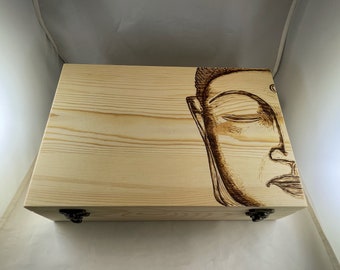 Buddha Großes holz gebranntes Schmuckkästchen | Brandmalerei/Brandmalerei | Schatztruhe | Schmuck aufbewahrung | Buddha Kopf/Seitenansicht