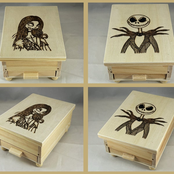 Nightmare Before Christmas Wood Burned Jewelry Box w Mirror | Pyrography | Jewelry Storage Organize | Jack Skellington or Sally Finkelstein