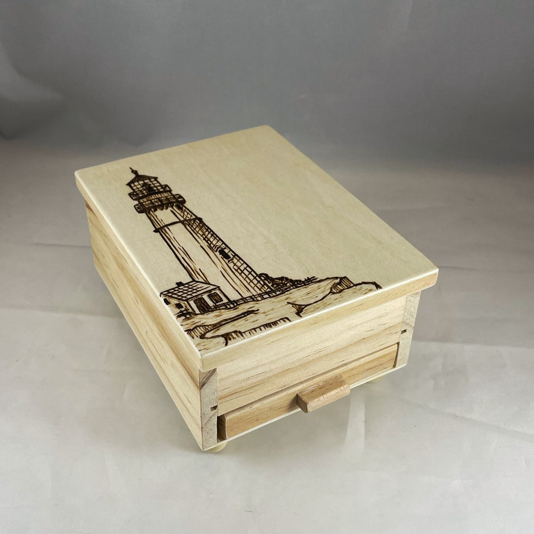 Lighthouse on a Rocky Shoreline Wood Burned Jewelry Box, Pyrography ...