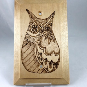 May include: A wooden plaque featuring a detailed pyrography owl design. The owl is depicted with intricate patterns and textures, showcasing a natural wood grain background. The plaque has a rectangular shape with a decorative border and two holes for hanging.